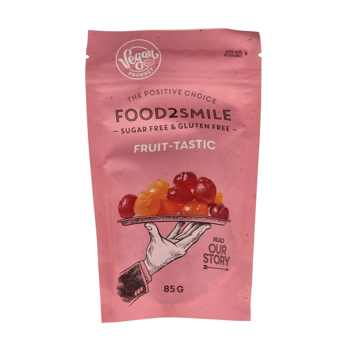 Food2Smile Fruit Tastic gummy candies in 85g package, colorful, chewy fruit-flavored snoepgoed with vibrant fruit shapes.