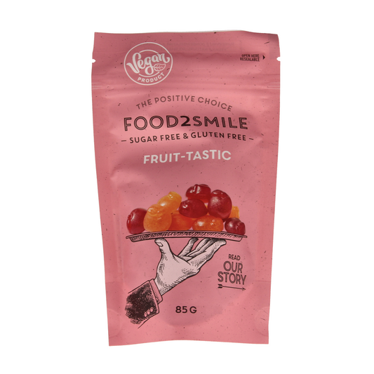 Food2Smile Fruit Tastic gummy candies in 85g package, colorful, chewy fruit-flavored snoepgoed with vibrant fruit shapes.