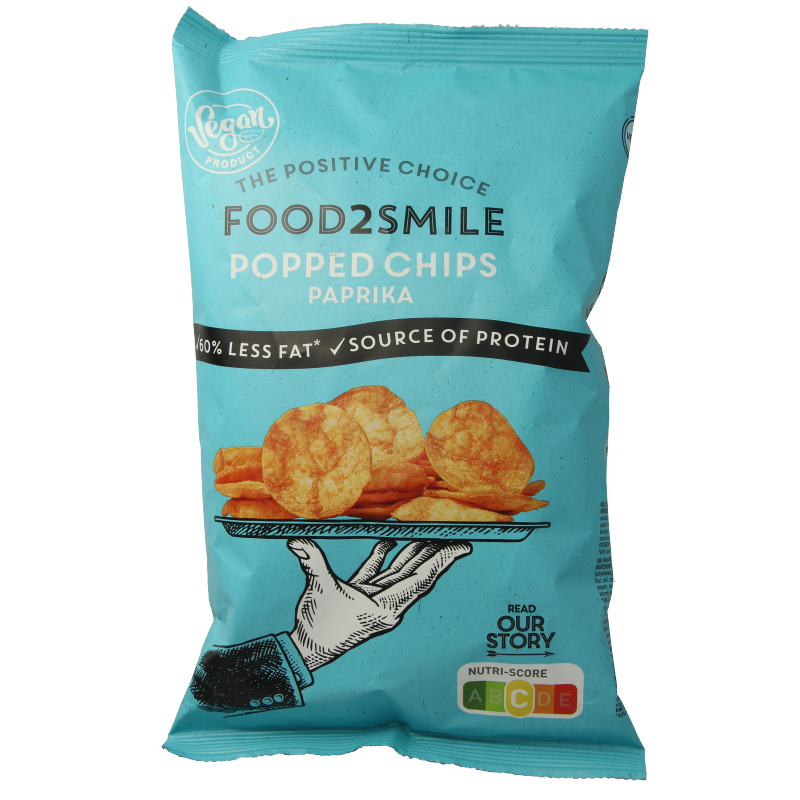 Food2Smile Popped Chips Paprika flavor in 90g bag, showing crispy, seasoned chips with vibrant paprika coating.
