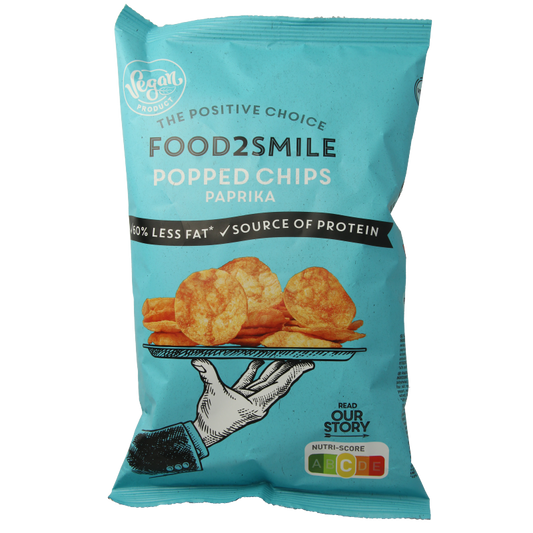Food2Smile Popped Chips Paprika flavor in 90g bag, showing crispy, seasoned chips with vibrant paprika coating.