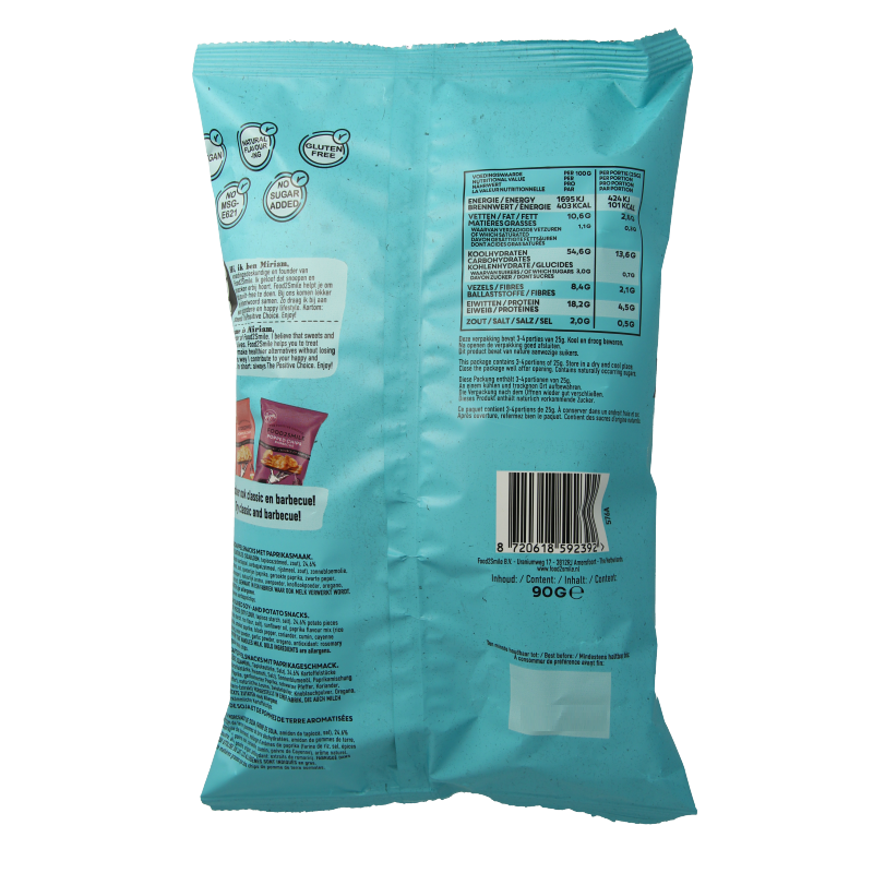Food2Smile Popped chips with paprika flavor, 90 grams, featuring crispy, seasoned chips in a vibrant paprika coating.