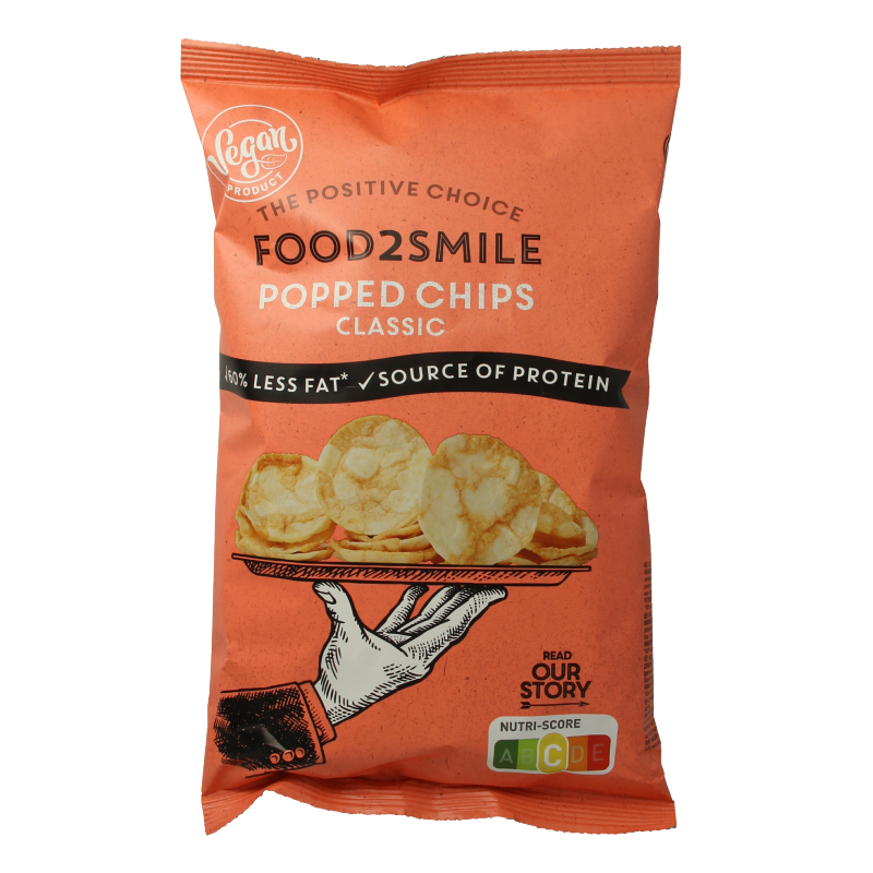 Food2Smile Popped Chips Classic with salt in a 90g bag, crispy snack featuring golden popped chips with salt seasoning.