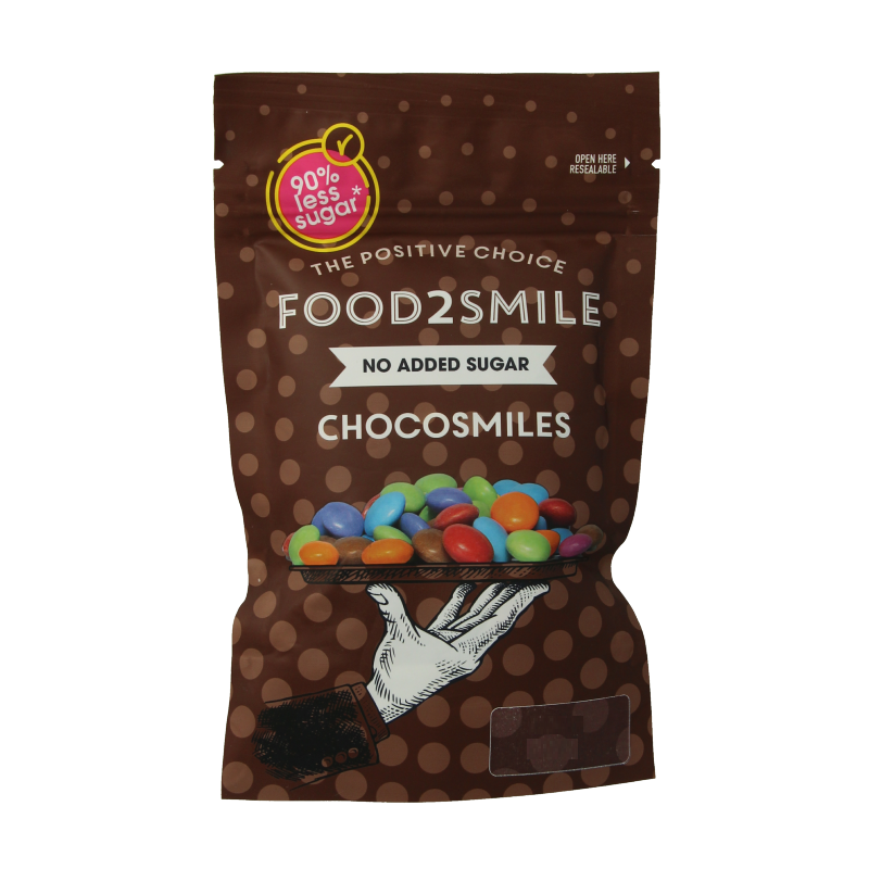 Food2Smile Chocosmiles chocolate candies in an 85-gram pack, showing the colorful coated chocolate treats.