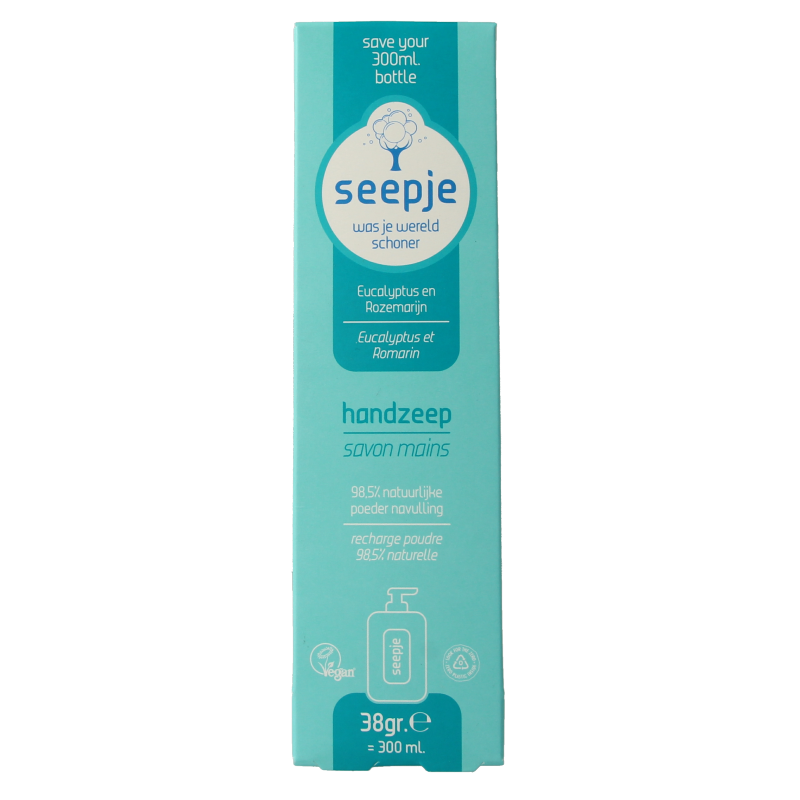 Seepje eucalyptus and rosemary hand soap refill in 38g biodegradable packaging for natural hand care.