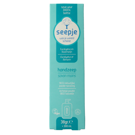 Seepje eucalyptus and rosemary hand soap refill in 38g biodegradable packaging for natural hand care.