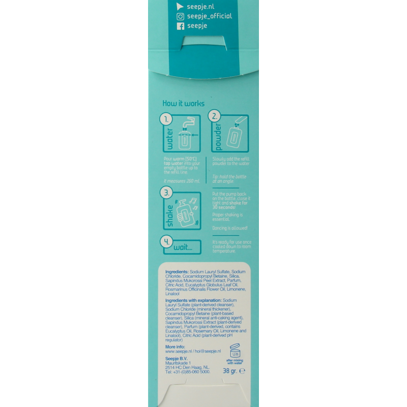 Seepje eucalyptus and rosemary hand soap refill pouch, 38 grams, natural hand care product with botanical ingredients.