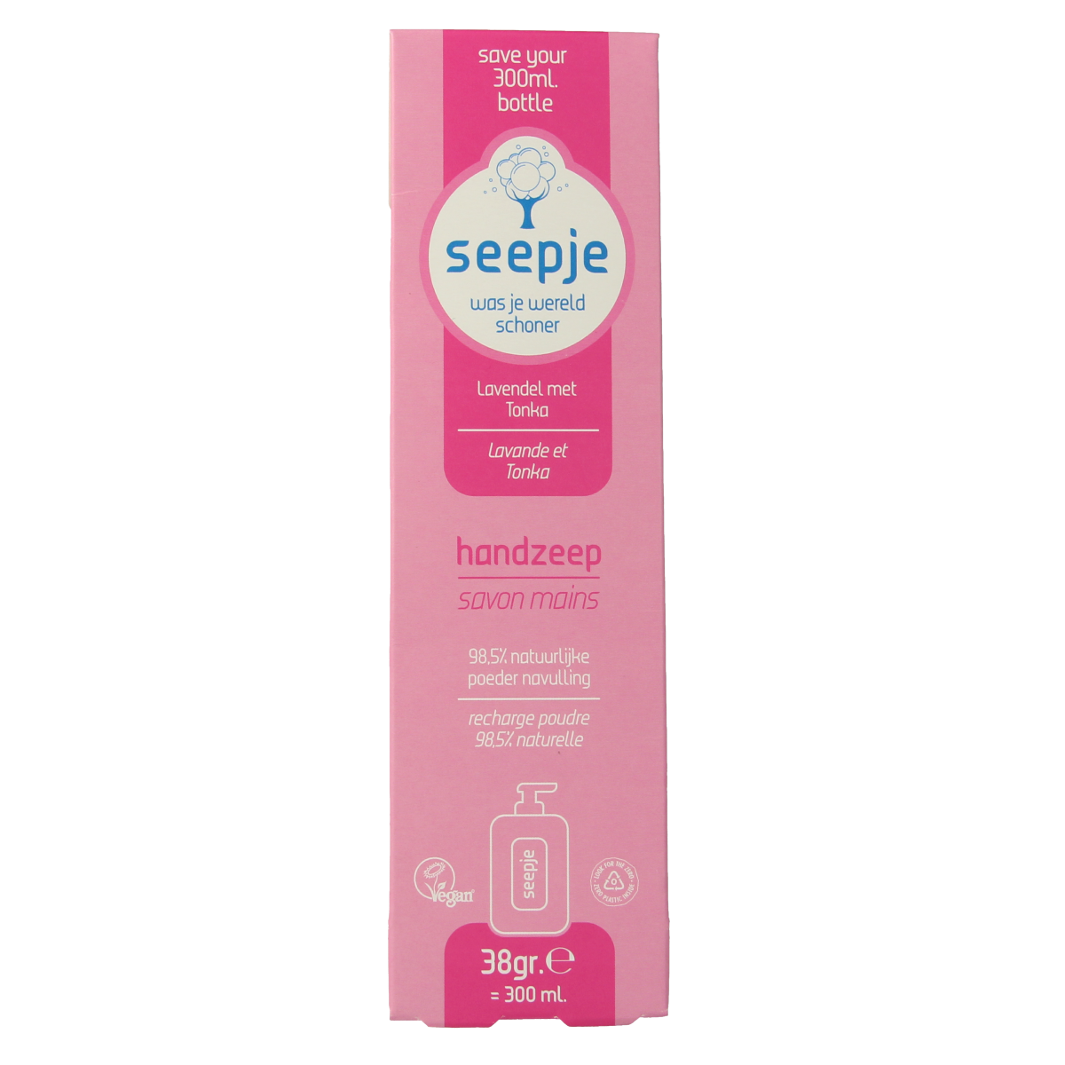 Seepje lavender and tonka hand soap refill in 38g package, natural hand care product with lavender and tonka scent.