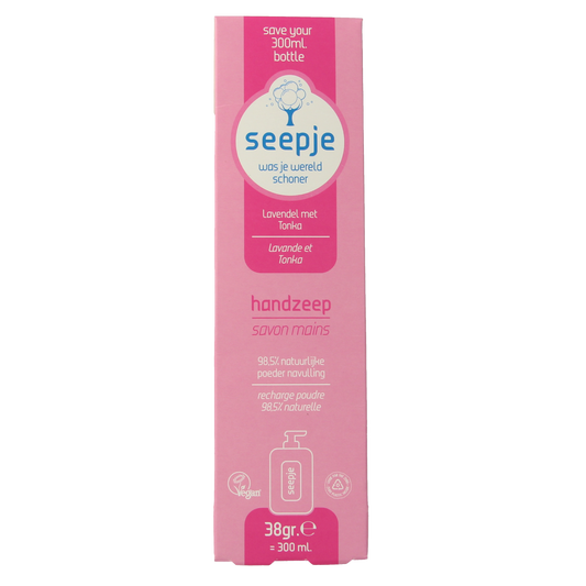 Seepje lavender and tonka hand soap refill in 38g package, natural hand care product with lavender and tonka scent.