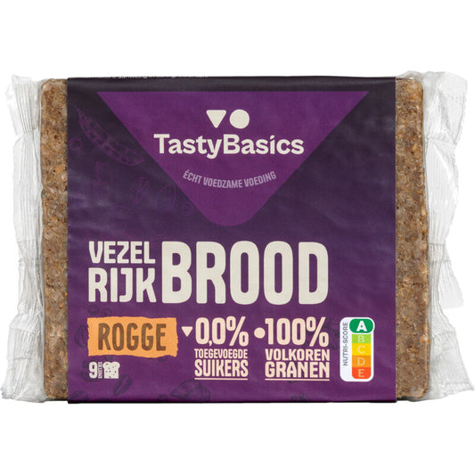 TastyBasics Roggebrood 500g, dark rye bread slices in a basket, whole and sliced for healthy eating and crackers.