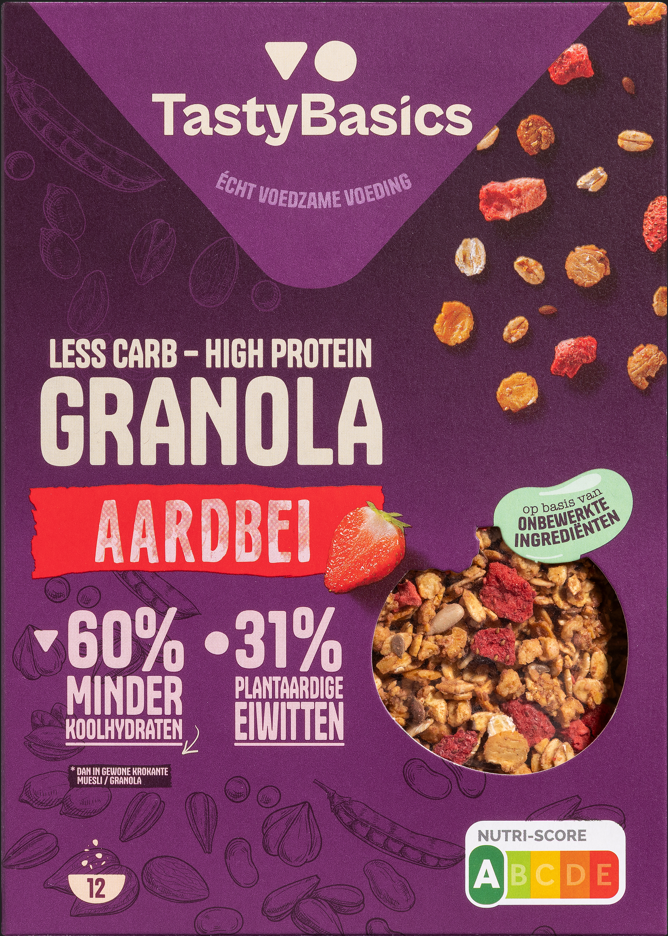 TastyBasics Low carb-high protein granola aardbei 350.00 Gram