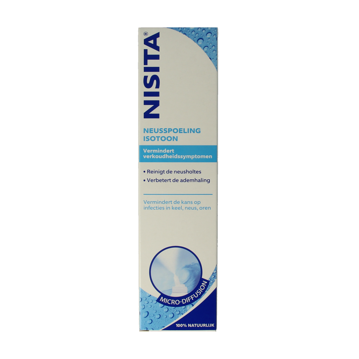 Nisita Neusspoeling Isotoon Micro Diffusion bottle with 125ml nasal care and inhalation product, white packaging with blue accents.