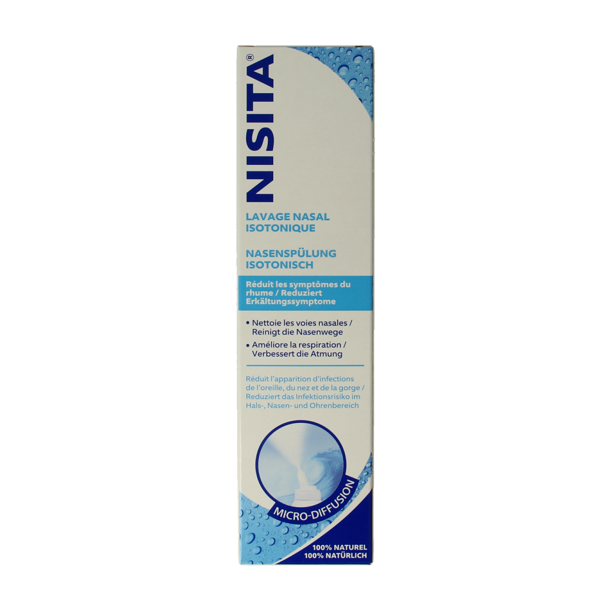 Nisita Neusspoeling isotoon micro diffusion nasal spray bottle, 125ml for nasal care and inhalation therapy.