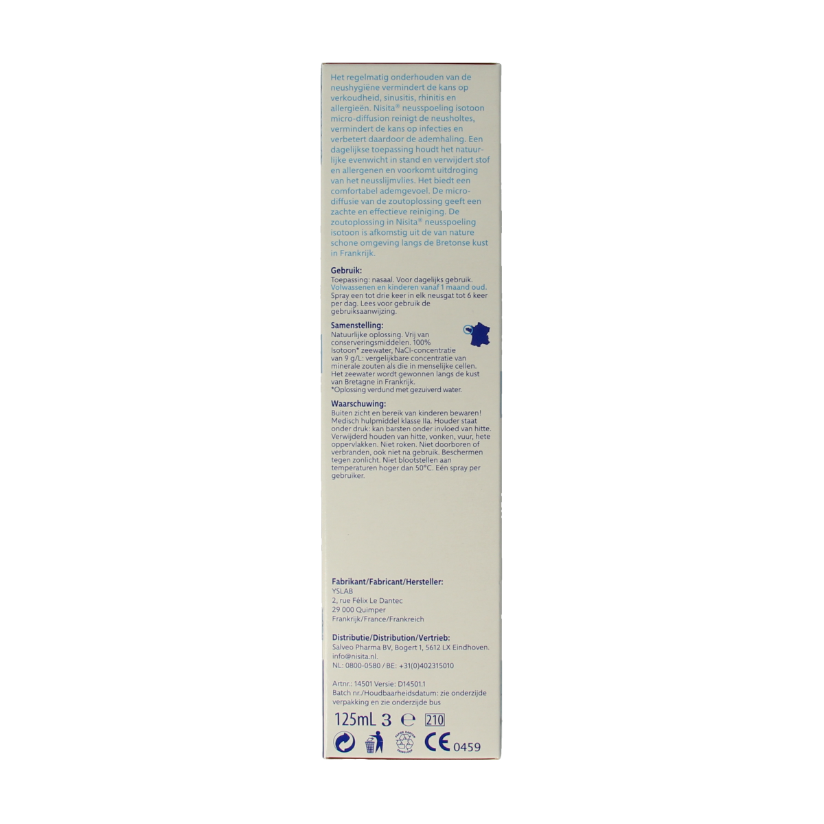 Nisita Neusspoeling Isotoon Micro Diffusion nasal rinse bottle, 125ml, for nasal care and inhalation therapy.