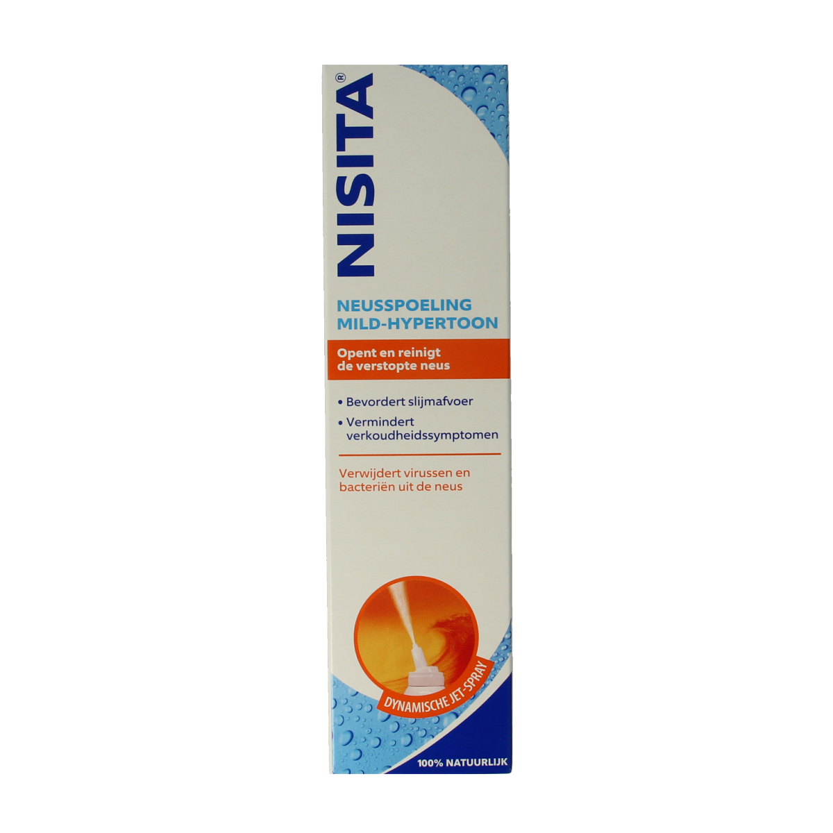 Nisita Neusspoeling mild hypertoon jet spray in 125ml bottle, nasal care and inhalation product by Nisita.