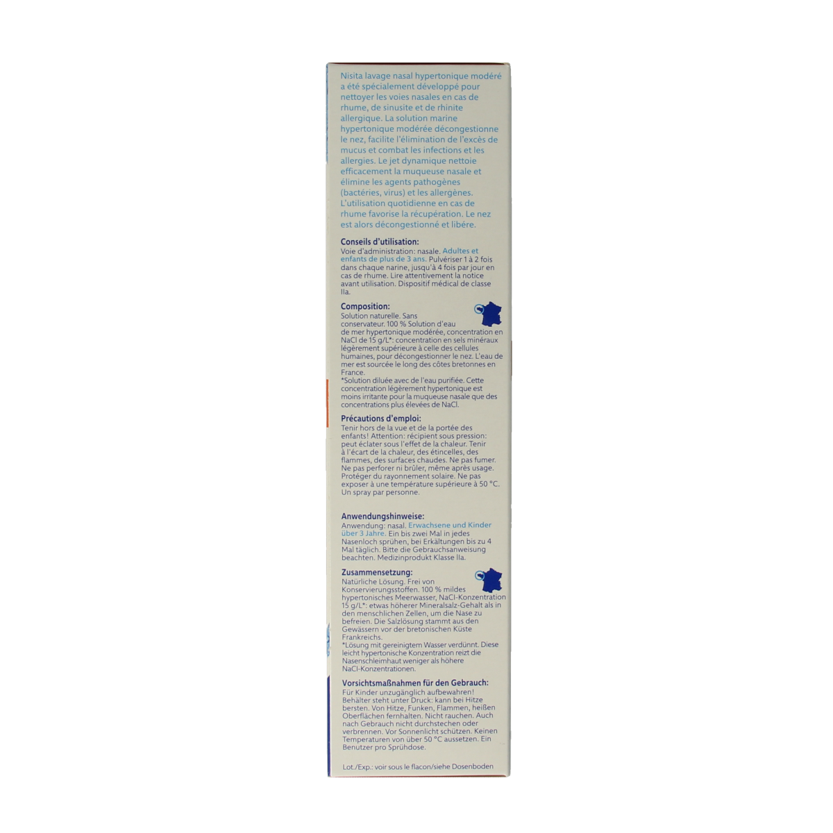 Nisita Neusspoeling mild hypertoon jet spray in 125ml bottle for nasal care and inhalation therapy.