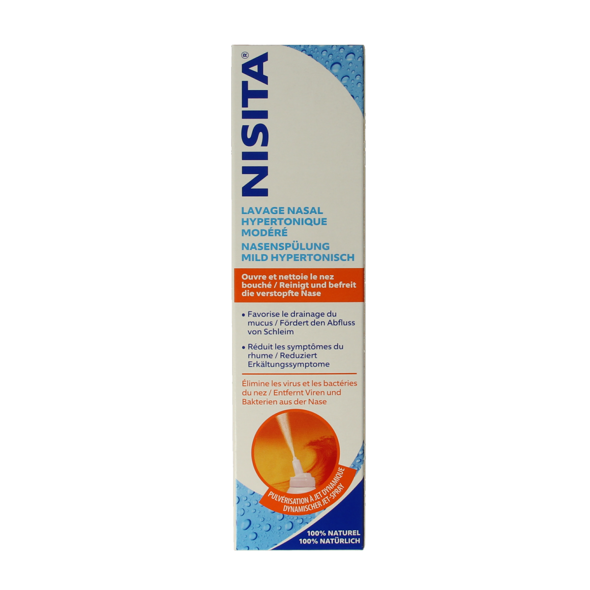 Nisita Neusspoeling mild hypertoon jet spray bottle for nasal cleansing, 125 ml, in a clear plastic bottle with a spray nozzle