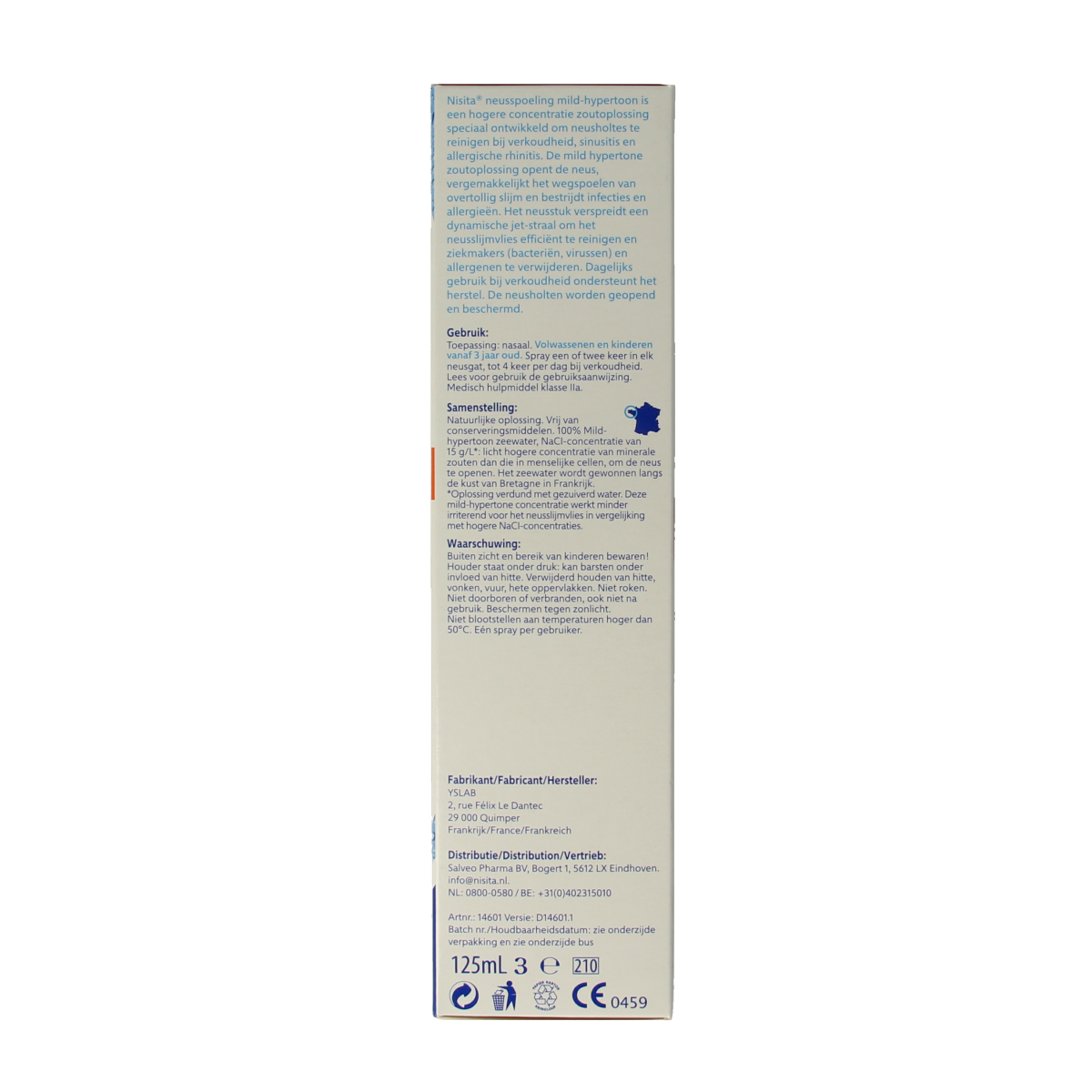 Nisita Neusspoeling mild hypertoon jet spray in 125ml bottle, nasal care and inhalation product for gentle nasal cleansing