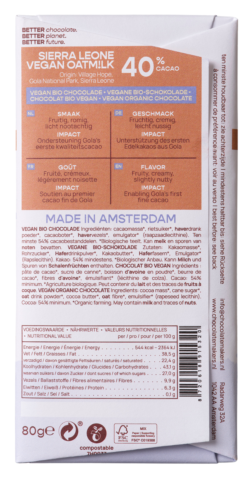 Chocolatemakers Little Bee vegan dark chocolate bar, 80g, with 40% cocoa content, wrapped in black packaging.