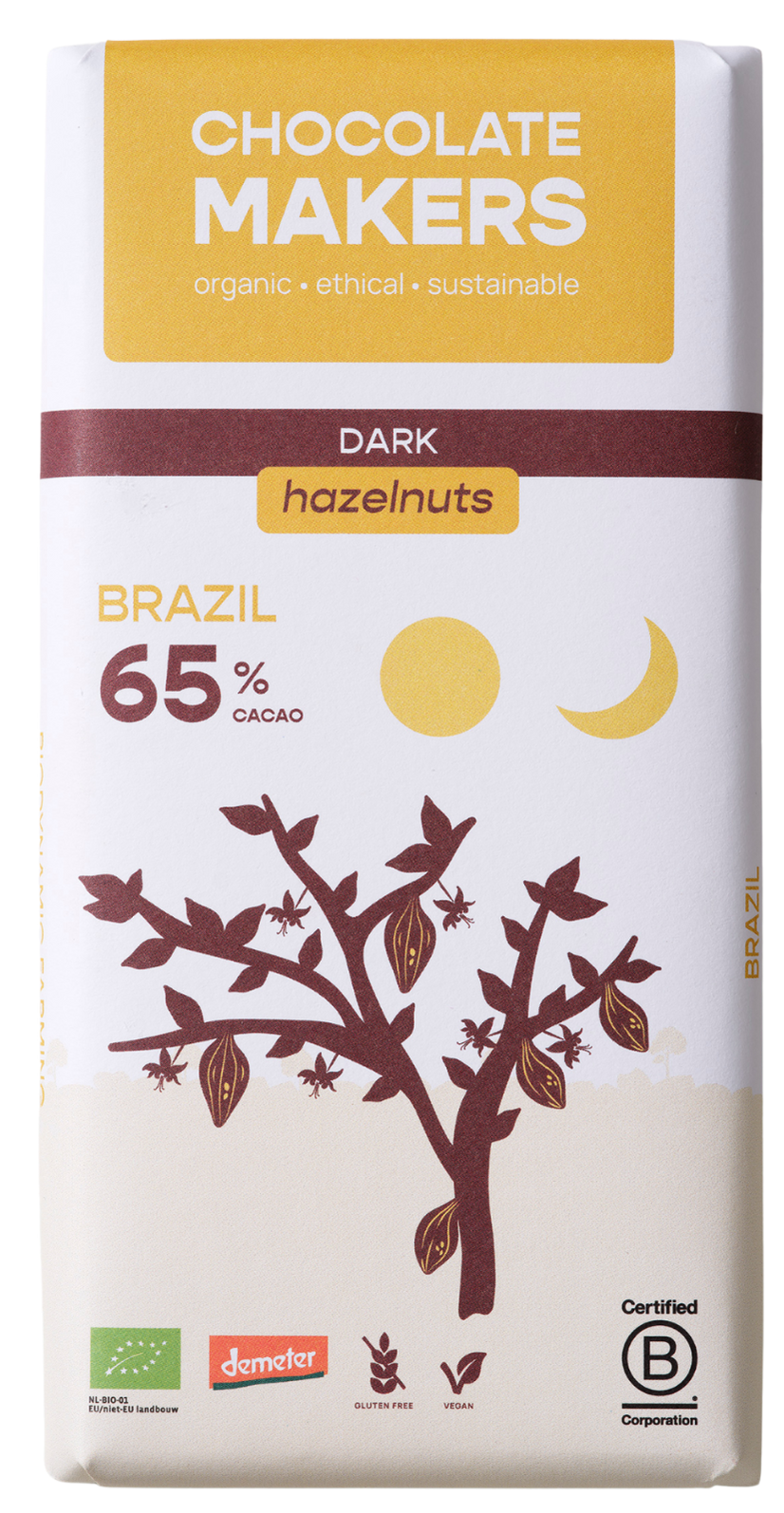 Chocolatemakers Brazil hazelnut 65% dark organic chocolate bar, 80g, with hazelnut pieces and Demeter bio certification.