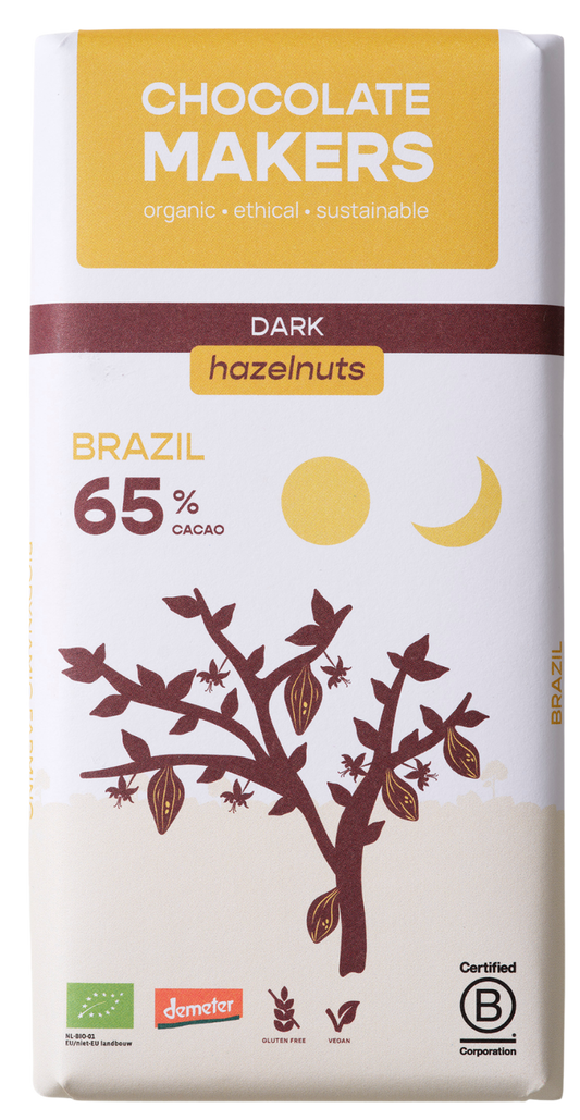 Chocolatemakers Brazil hazelnut 65% dark organic chocolate bar, 80g, with hazelnut pieces and Demeter bio certification.