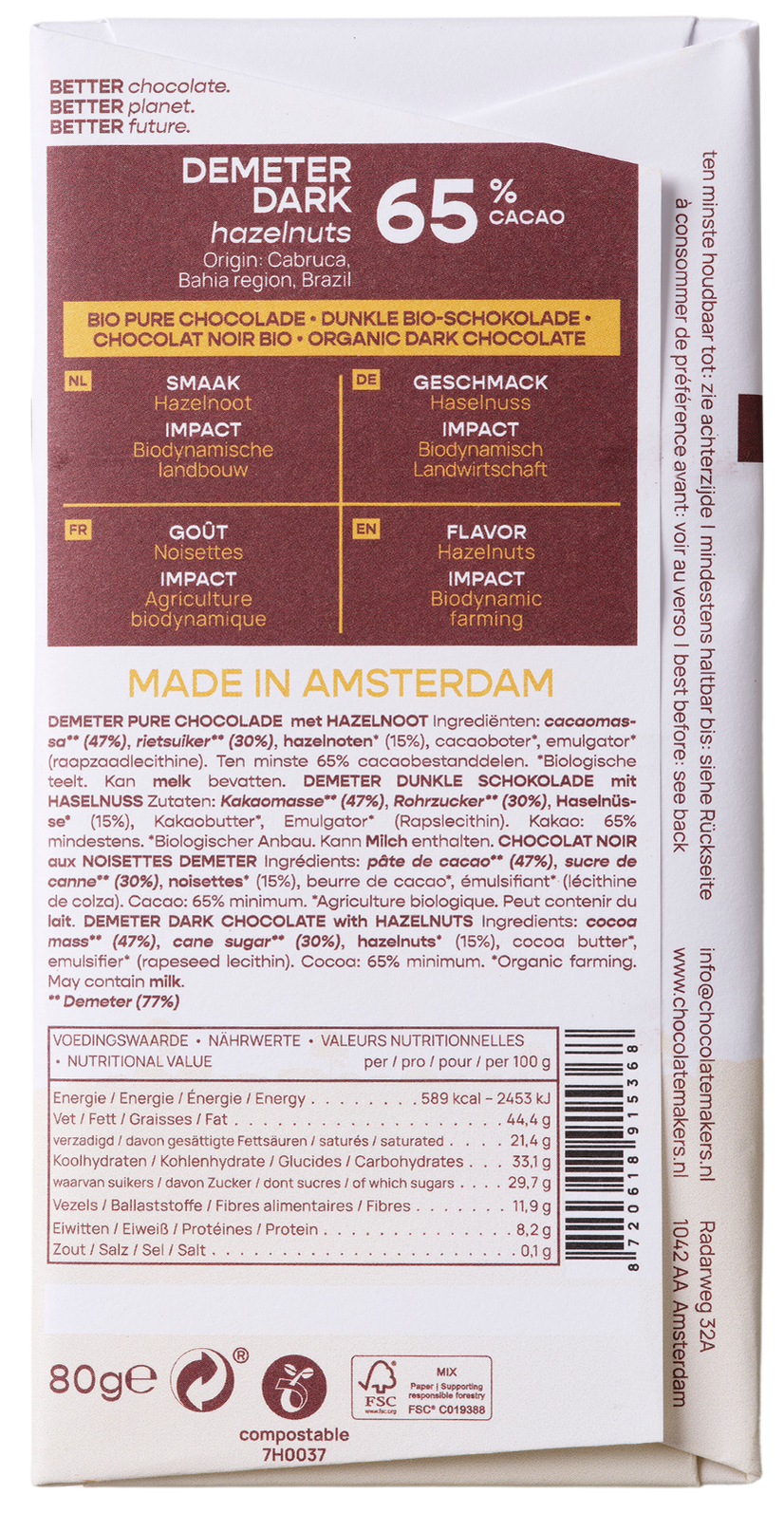 Chocolatemakers Brazil hazelnut dark chocolate bar 65% pure Demeter bio, 80g, with visible chocolate and hazelnut pieces.