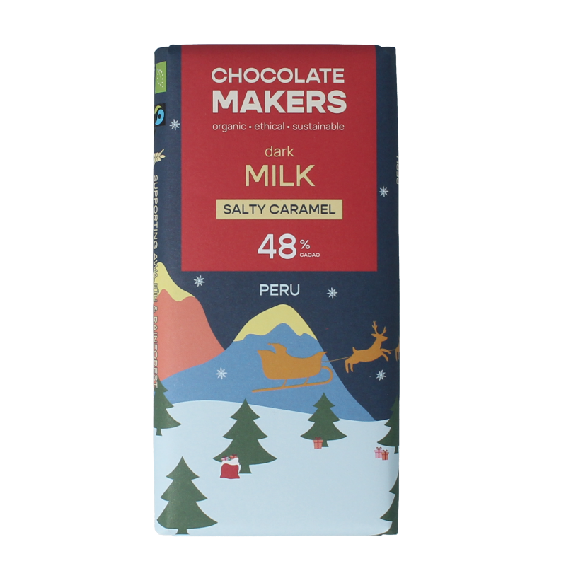 Chocolatemakers Kerstreep salty caramel organic candy bar showing a salted caramel chocolate with festive packaging.