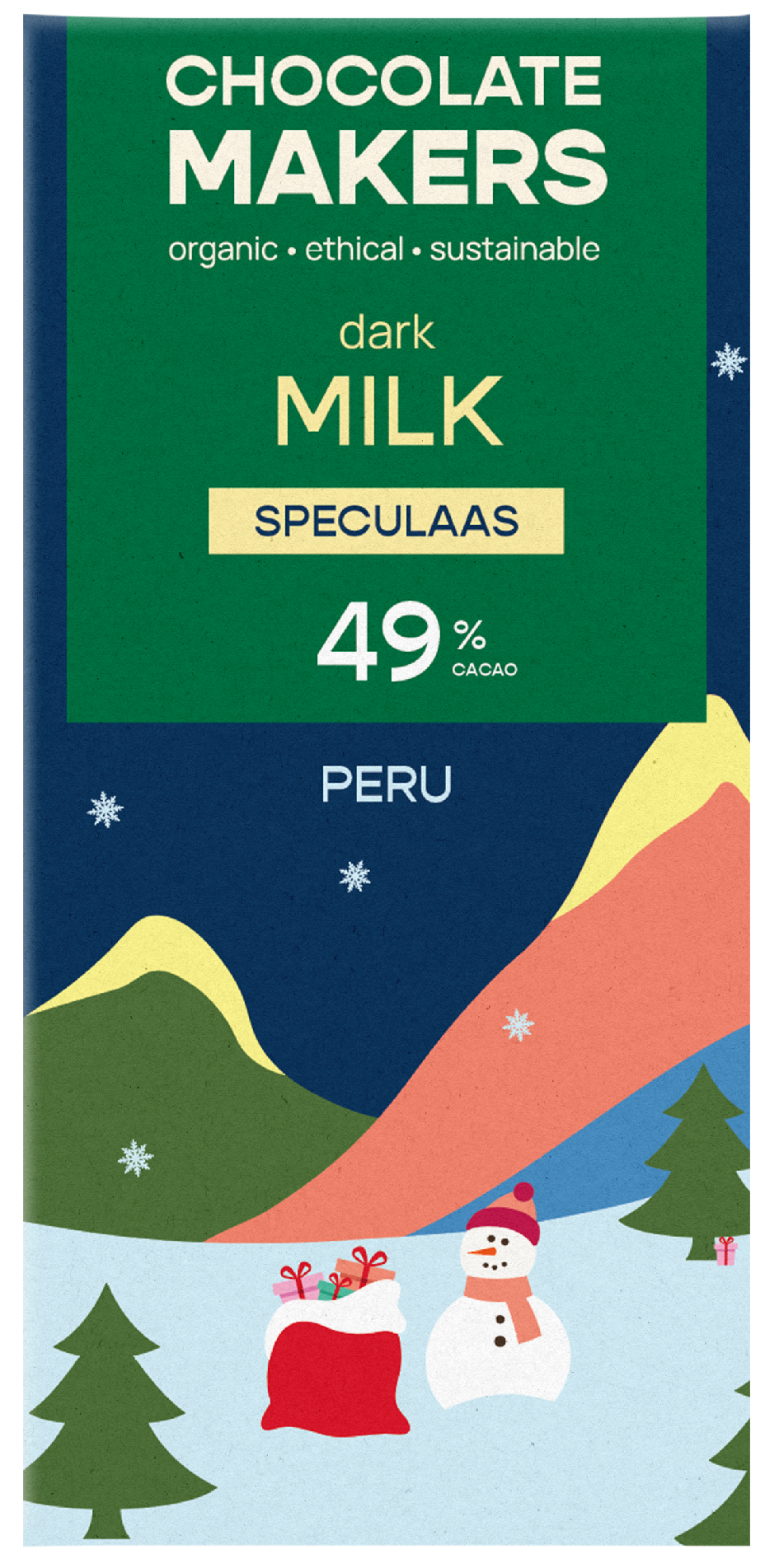 Chocolatemakers Kerstreep milky speculaas bio, light brown Belgian-style Christmas chocolate bar on a white background.