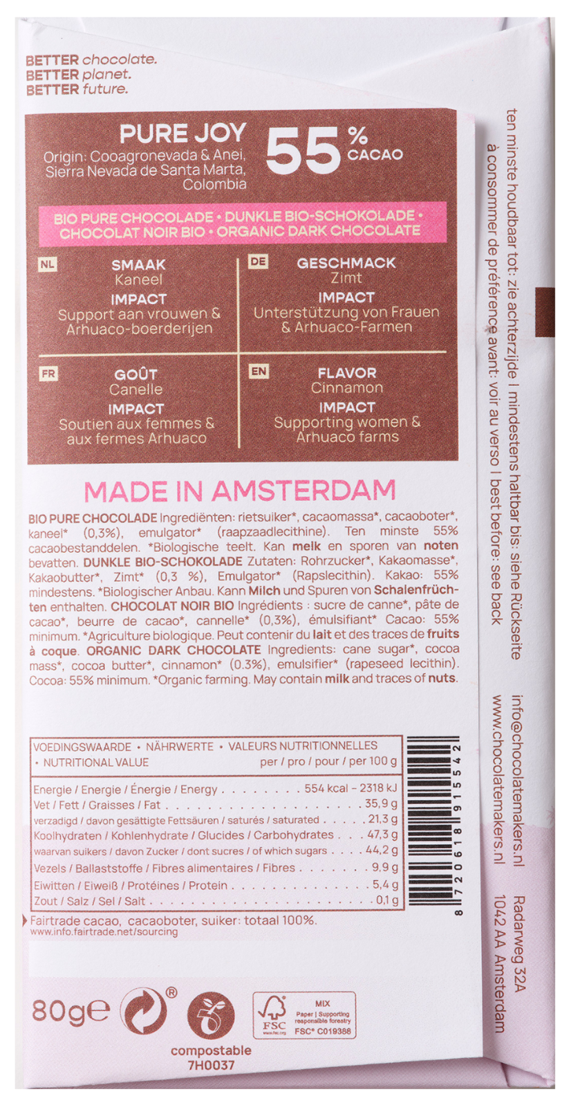 Chocolatemakers Pure Joy 55% organic chocolate bar with cinnamon in 80g packaging, showing the chocolate piece with cinnamon swirls.