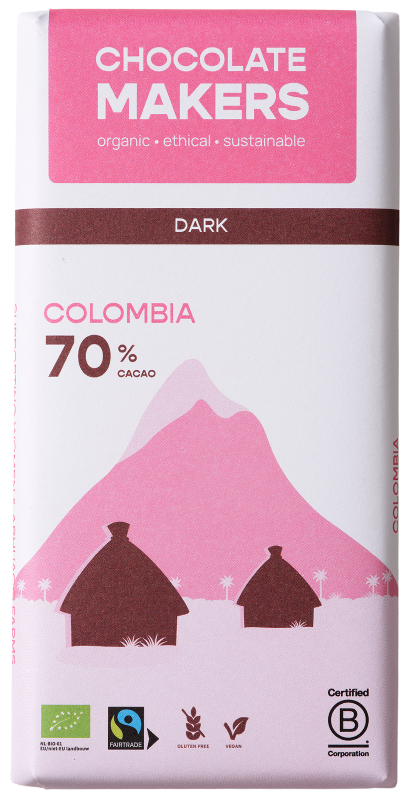 Chocolatemakers Pure Delight 70% organic chocolate bar, 80g, with a close-up of the packaging showing the brand logo and product label.