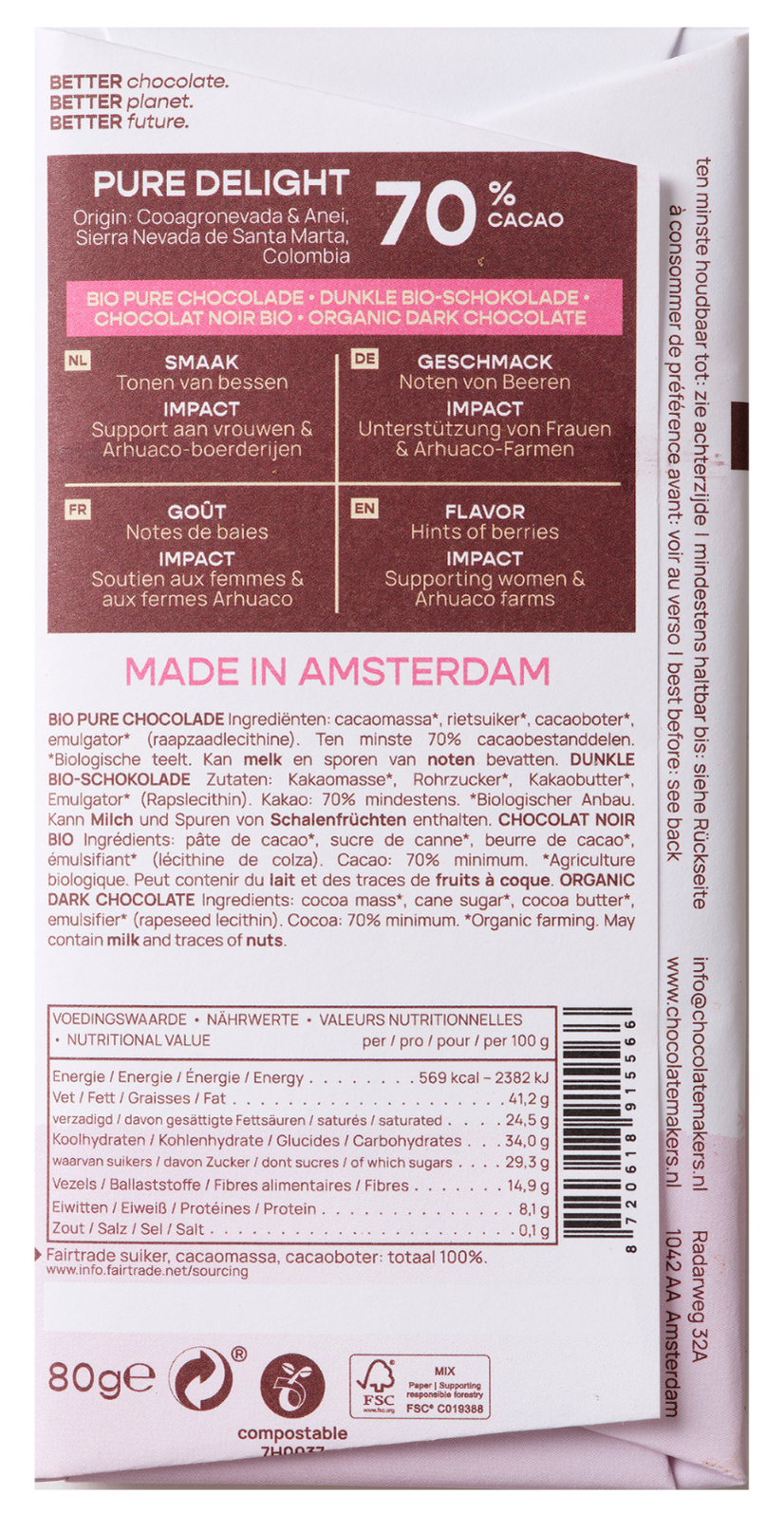 Chocolatemakers Pure Delight 70% organic chocolate bar, 80g, with dark chocolate pieces and natural cocoa texture.