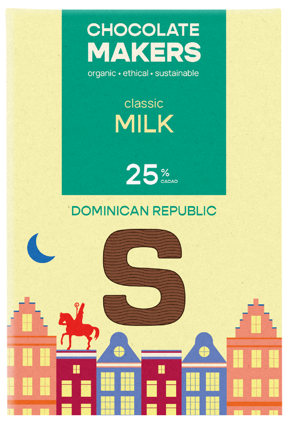 Chocolatemakers Sintletter milk chocolate bar with 25% organic cocoa, 100g, showing the chocolate piece and packaging.