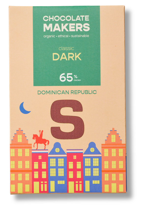 Chocolatemakers Sintletter puur 65% organic dark chocolate bar, 100g, with a close-up of the chocolate's texture and packaging.
