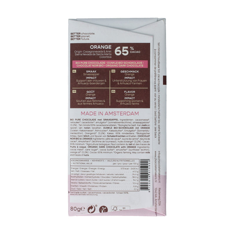 Chocolatemakers Colombia dark chocolate bar with 65% cacao, organic, 80 grams, showing the chocolate wrapper and branding.