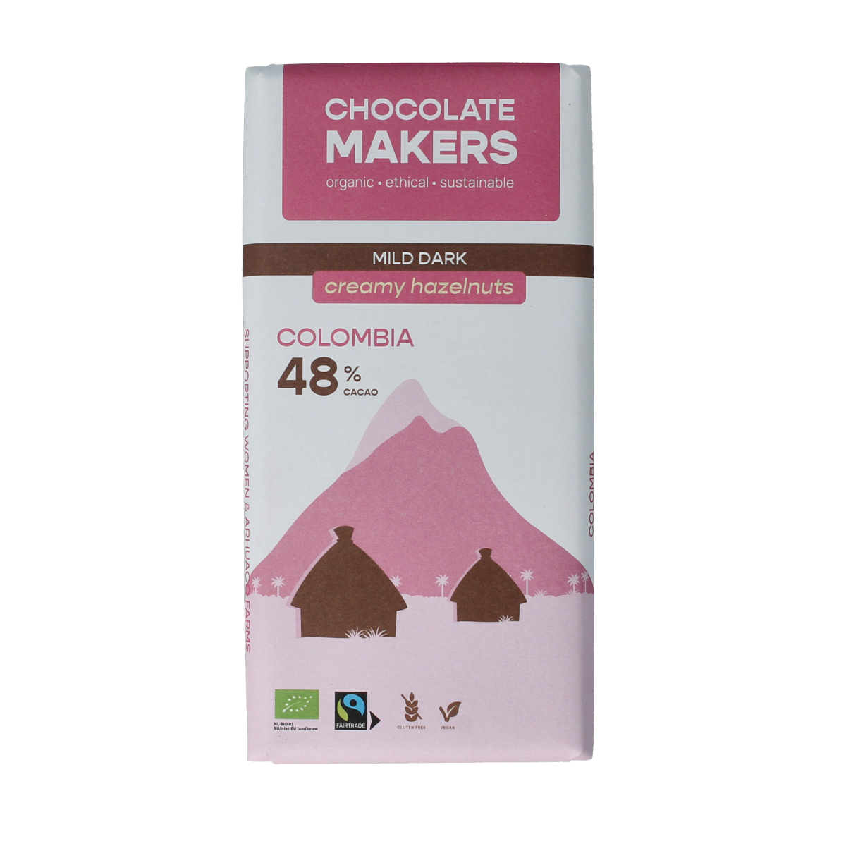 Chocolatemakers Colombia dark hazelnut creme chocolate bar, 80g, with rich hazelnut flavor and organic ingredients.