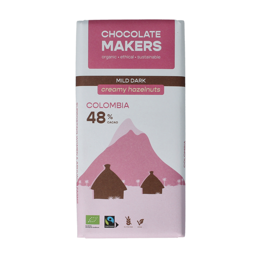 Chocolatemakers Colombia dark hazelnut creme chocolate bar, 80g, with rich hazelnut flavor and organic ingredients.