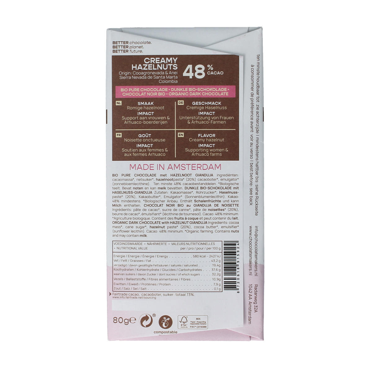 Chocolatemakers Colombia dark hazelnut creme chocolate bar, 80g, with 48% cocoa, organic and rich in hazelnut flavor.