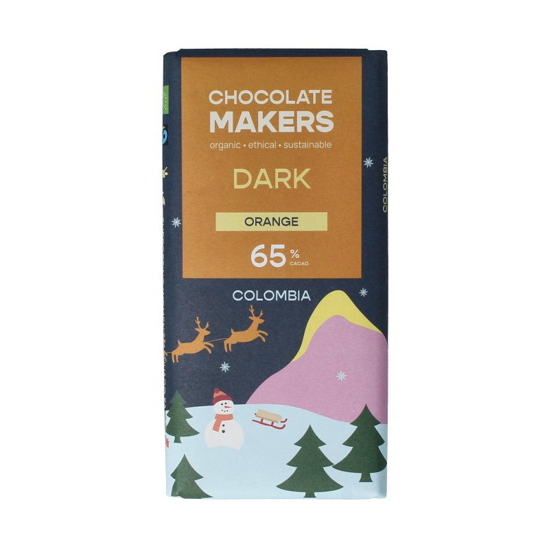 Chocolatemakers Kerstreep Colombia dark chocolate with 65% cocoa and orange bio flavor, 80 grams, broken into pieces.