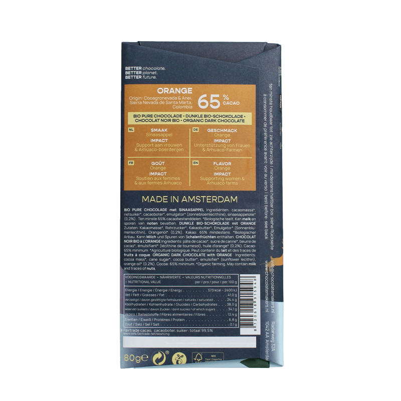 Chocolatemakers Kerstreep Colombia dark chocolate bar with 65% cocoa and orange, 80 grams, featuring orange and chocolate pieces.