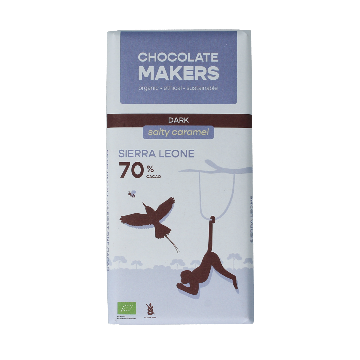 Chocolatemakers Sierra Leone salty caramel dark chocolate bar, 70% cocoa, 80g, with caramel and sea salt visible in the image.