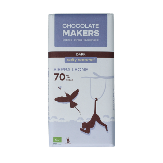 Chocolatemakers Sierra Leone salty caramel dark chocolate bar, 70% cocoa, 80g, with caramel and sea salt visible in the image.
