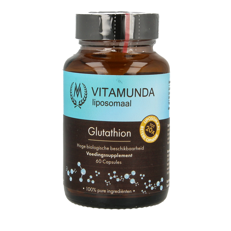 Vitamunda Glutathion 60 capsules bottle, herbal supplement from Kruidenpreparaten line, with label and capsule imagery.
