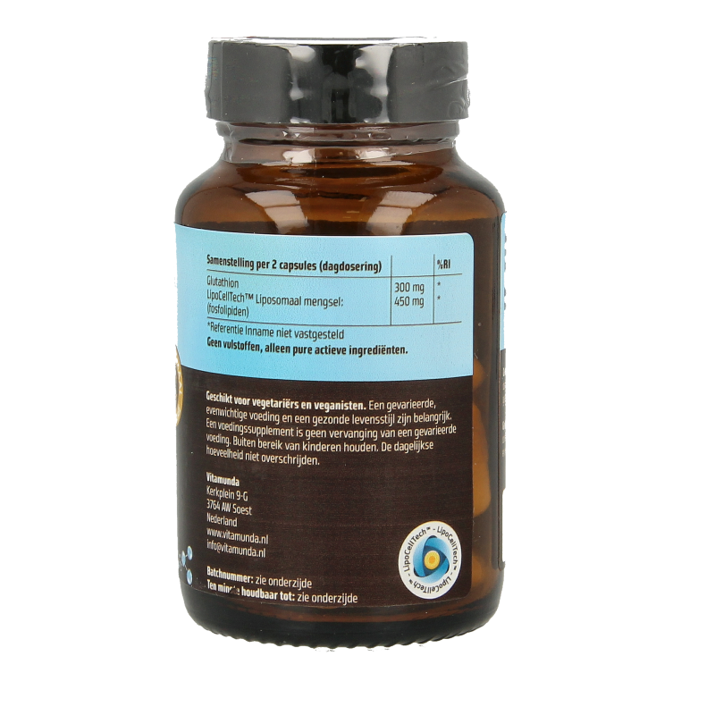 Vitamunda Glutathion 60 capsules herbal supplement bottle with label and cap, shown in close-up.