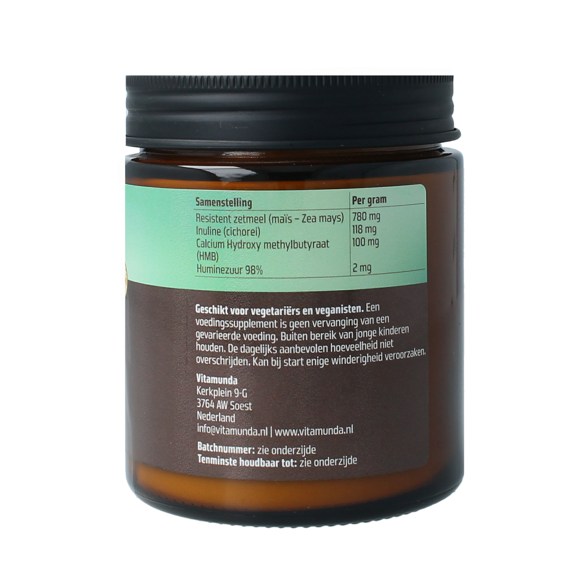 Vitamunda Prebiotica micro-organismen supplement in 150g container, showing the product packaging and label.