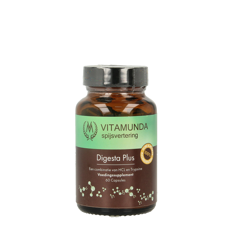 Vitamunda Digesta Plus Vezels en Enzymen supplement with 60 capsules, showing the product bottle and label.