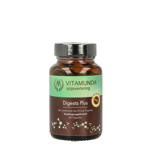 Vitamunda Digesta Plus Vezels en Enzymen supplement with 60 capsules, showing the product bottle and label.