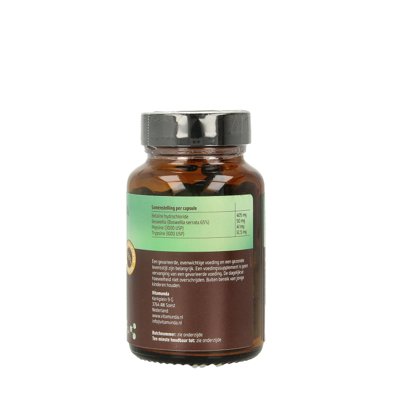 Vitamunda Digesta Plus 60 capsules with fiber and enzymes, showing the supplement bottle and capsules inside.