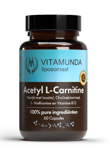 Vitamunda Liposomale acetyl L-Carnitine vegetarian capsules in a bottle, dietary supplement for energy and mental focus.