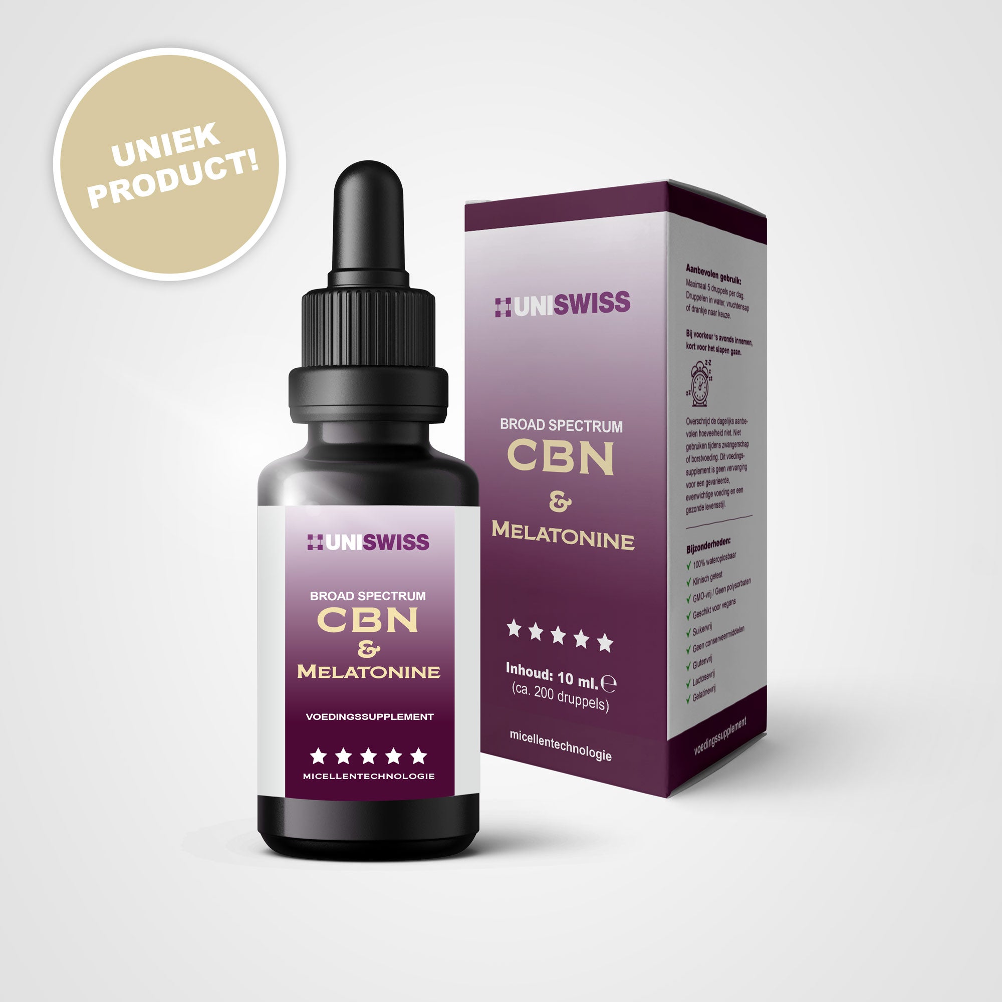 Uniswiss CBN broad spectrum and melatonin herbal supplement in a 10ml bottle, used for relaxation and sleep support