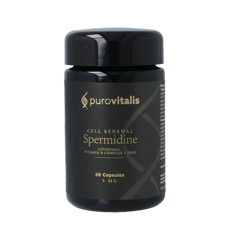 Purovitalis Liposomal Spermidine Fusion capsules in a bottle, dietary supplement by Purovitalis for health and wellness.