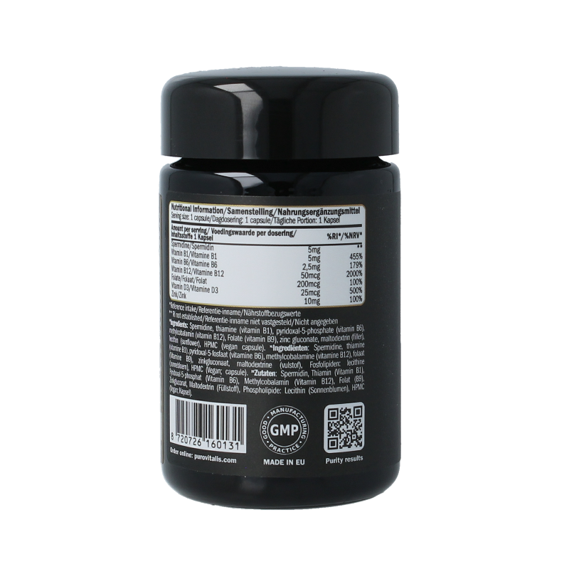 Purovitalis Liposomal Spermidine Fusion capsules, dietary supplement in a clear bottle with 30 capsules, herbal health product.